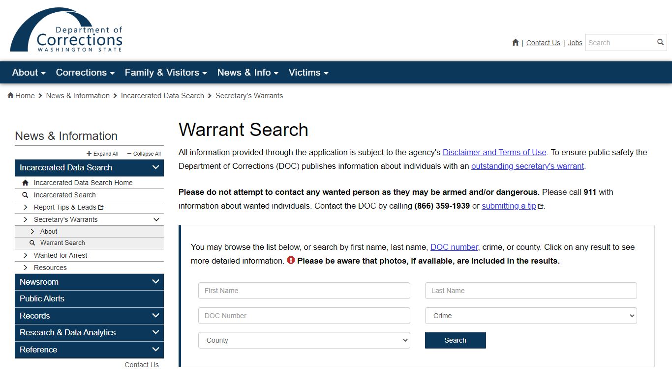 Warrant Search | Washington State Department of Corrections